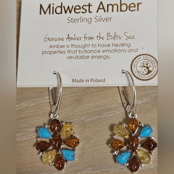 MIDWEST AMBER STERLING SILVER GENUINE AMBER BALTIC SEA TURQUOISE FLOWER EARRINGS - Picture 1 of 6